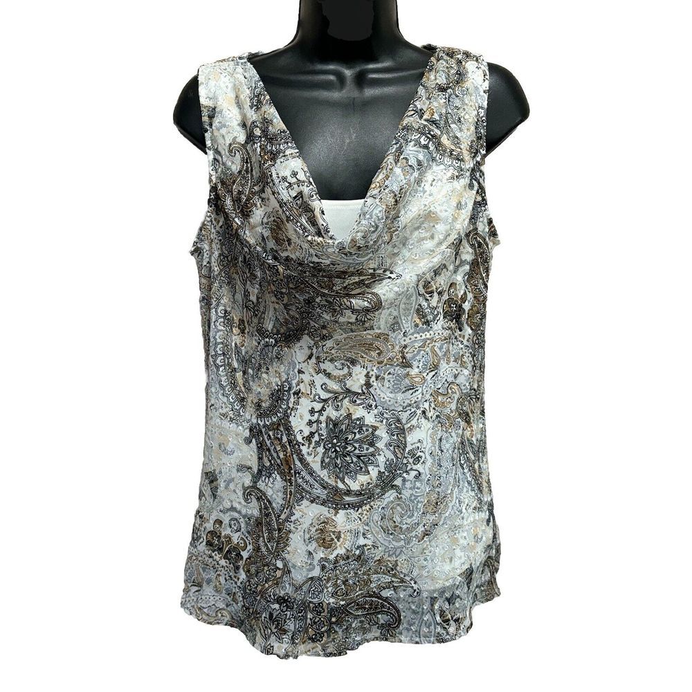 89th & Madison Chiffon‎ Paisley White/Silver/Gold Cowl Sleeveless Blouse Size M